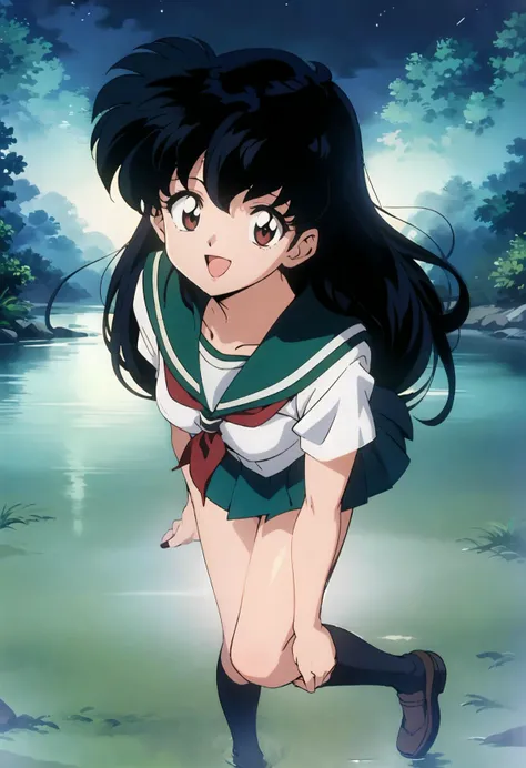 1girl, Kagome Higurashi, brown eyes, full body, photorealistic, (hyperrealistic:1.2), perfect eyes, perfect face, perfect lighting, outdoors, warm colors, forest lake, school uniform, in water, night time,smile, :d,