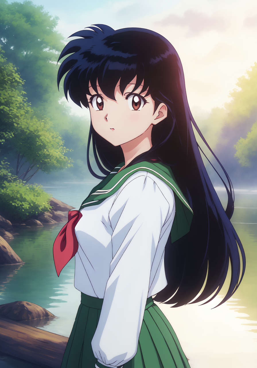 A woman in a green dress standing next to a body of water - SeaArt AI