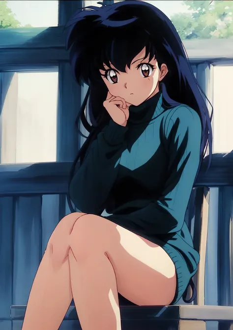 Kagome, anime, ((woman)), perfect lighting, warm colors, photorealistic, (hyperrealistic:1.2), perfect eyes, sitting on chair outside of an ancient japanese shrine, torii gate, (rumiko takahashi:1.25), <lora:Kagome Higurashi:1>, wearing ((black turtleneck sweater)), short teal skirt