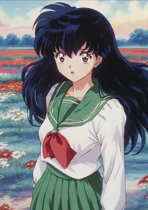 Kagome, anime, ((woman)), perfect lighting, warm colors, photorealistic, (hyperrealistic:1.2), perfect eyes, standing in a field of flowers, bright sky, petals on the wind, (rumiko takahashi:1.25), <lora:Kagome Higurashi:1>, red bow on shirt