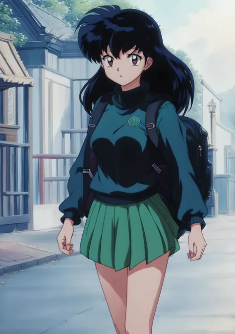 Kagome, anime, ((woman)), perfect lighting, warm colors, photorealistic, (hyperrealistic:1.2), perfect eyes, wearing backpack, walking down street to school, (rumiko takahashi:1.25), <lora:Kagome Higurashi:1>, wearing ((black turtleneck sweater)), short teal skirt