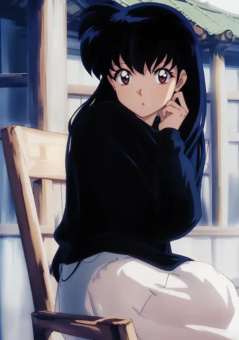 Kagome, anime, ((woman)), perfect lighting, warm colors, photorealistic, (hyperrealistic:1.2), perfect eyes, sitting on chair outside of an ancient japanese inn, (rumiko takahashi:1.25), <lora:Kagome Higurashi:1>, wearing black turtleneck sweater