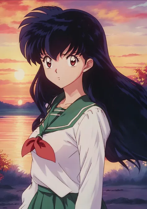 Kagome, anime, ((woman)), perfect lighting, warm colors, photorealistic, (hyperrealistic:1.2), perfect eyes, standing on the shoreline, bright sky, autumn, sunset, petals on the wind, (rumiko takahashi:1.25), <lora:Kagome Higurashi:1>, red bow on shirt