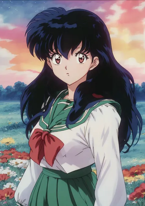 Kagome, anime, ((woman)), perfect lighting, warm colors, photorealistic, (hyperrealistic:1.2), perfect eyes, standing in a field of flowers, bright sky, petals on the wind, (rumiko takahashi:1.25), <lora:Kagome Higurashi:1>