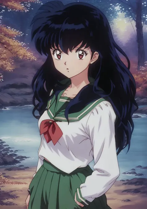 Kagome, anime, ((woman)),  perfect lighting, warm colors,  photorealistic, (hyperrealistic:1.2), perfect eyes, standing on the shoreline, standing in autumn forest, (rumiko takahashi:1.25), <lora:Kagome Higurashi:1>, red bow on shirt