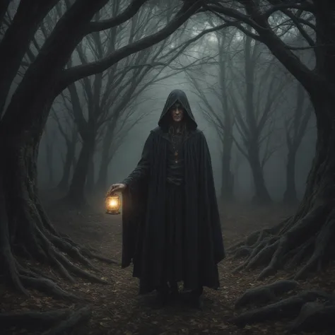 (extremely detailed, photorealistic), Dark forest at midnight, full moon, eerie fog, shadowy figure, cloak flowing, glowing eyes, ancient spellbook, levitating objects, twisted trees, glowing runes, mist-shrouded path, ravens perched, ethereal light, sinister expression, whispering winds, arcane symbols, mystical energy pulsating, creeping vines, enigmatic aura, haunted eyes, silver amulet, flickering candlelight, obscure potions, mysterious artifacts, cobwebbed corners, whispering shadows, hidden power, dark magic emanating.