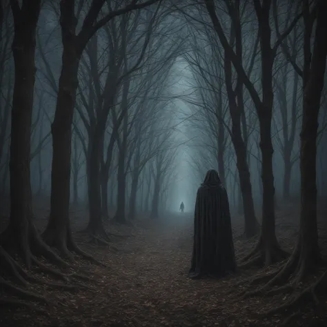 (extremely detailed, photorealistic), Dark forest at midnight, full moon, eerie fog, shadowy figure, cloak flowing, glowing eyes, ancient spellbook, levitating objects, twisted trees, glowing runes, mist-shrouded path, ravens perched, ethereal light, sinister expression, whispering winds, arcane symbols, mystical energy pulsating, creeping vines, enigmatic aura, haunted eyes, silver amulet, flickering candlelight, obscure potions, mysterious artifacts, cobwebbed corners, whispering shadows, hidden power, dark magic emanating.