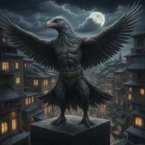 (extremely detailed, photorealistic), Ninja pigeon, night hunt, moonlit rooftops, urban landscape, stealthy movement, dark feathers, glowing eyes, small katana strapped to back, silent flight, city lights below, mist swirling, ancient armor pieces, agility, focused expression, target in sight, dynamic pose, contrast of darkness and moonlight, hidden presence, mysterious aura, high-quality realism