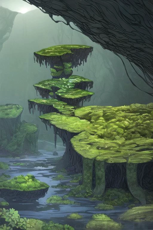 , <lora:DonMG414XL:1> biomorphic, Biomimetic, botanical,, swamp valley surrounded by high rocky cliffs, dawn,