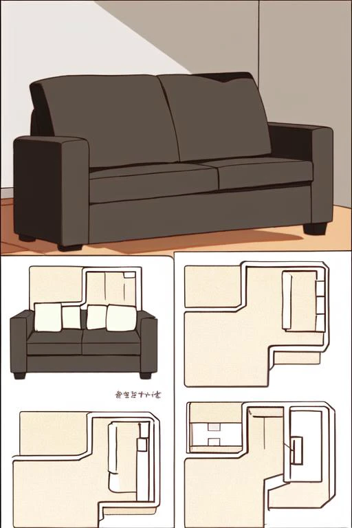 , <lora:cute_style_noreg:1>, girlish living room, small room, Two-person sofa, plan of a house, brown sofa, white wall,