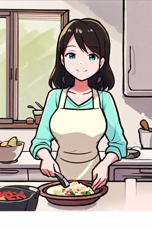, <lora:cute_style_noreg:1>, A highly detailed mother in her kitchen preparing meal, window sunny day, happy, smiling,