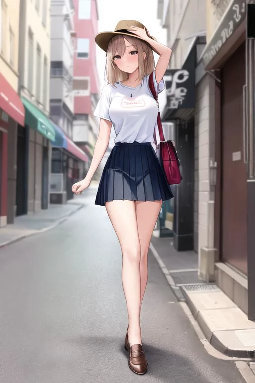 masterpiece, best quality, girl, street, pleated skirt, t-shirt, legs together,