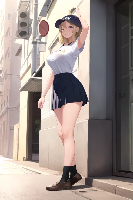 masterpiece, best quality, girl, street, pleated skirt, t-shirt, thighs