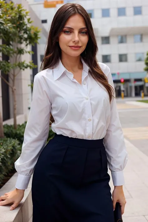 front,
looking at viewer, kellyp wearing a business dress,
simple background, happy,
upper body, <lora:kellyp_20230930_0904:1>