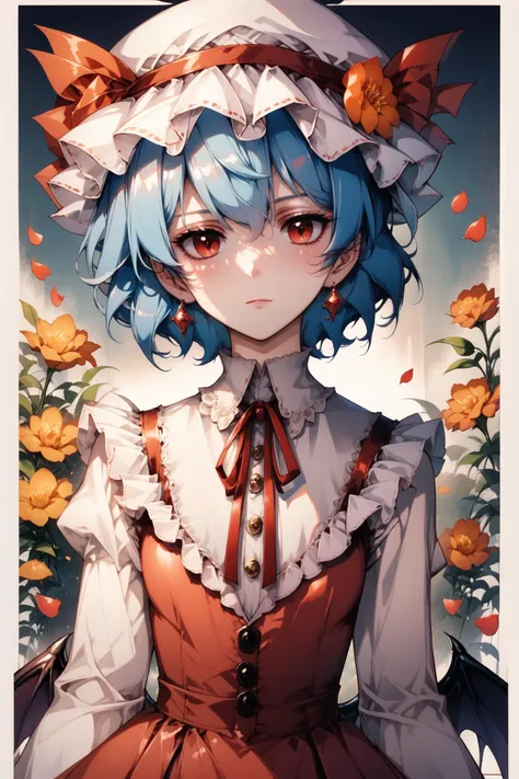 1girl,solo,wings,remilia scarlet,hat,flower,red eyes,long sleeves,looking at viewer,ribbon,blue hair,bat wings,puffy sleeves,short hair,juliet sleeves,red flower,mob cap,red ribbon,dress,upper body,bangs,hair between eyes,earrings,frills,jewelry,closed mouth,hat ribbon,blush,white dress,petals,hat flower,orange flower,neck ribbon,eyelashes,buttons,breasts,white headwear,red dress,border,expressionless,score_9,score_8_up,<lora:flyx3_XL_PONY:1>,