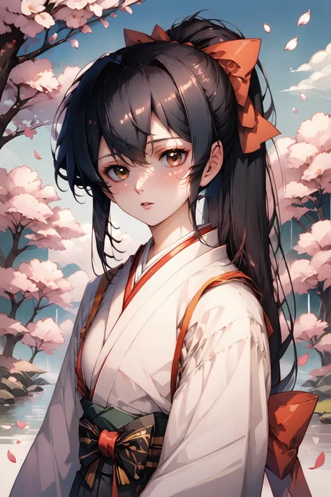 1girl,solo,bow,long hair,black hair,cherry blossoms,looking at viewer,ponytail,japanese clothes,hair bow,brown eyes,petals,red bow,black bow,bangs,upper body,parted lips,blush,hair between eyes,tree,kimono,outdoors,white kimono,score_9,score_8_up,<lora:flyx3_XL_PONY:1>,