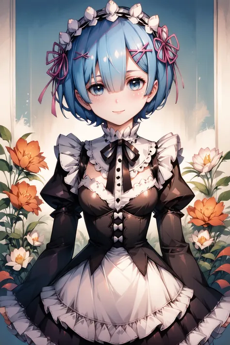 1girl,solo,rem (re:zero),blue hair,x hair ornament,short hair,hair ornament,blue eyes,maid,looking at viewer,ribbon,maid headdress,long sleeves,dress,roswaal mansion maid uniform,smile,hair ribbon,breasts,puffy sleeves,frills,apron,bangs,closed mouth,black ribbon,pink ribbon,blush,medium breasts,black dress,juliet sleeves,cowboy shot,flower,hair between eyes,red ribbon,waist apron,score_9,score_8_up,<lora:flyx3_XL_PONY:1>,