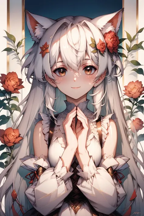 1girl,solo,flower,animal ears,long hair,dress,smile,looking at viewer,white dress,hair flower,detached sleeves,long sleeves,hair ornament,bangs,pink flower,brown eyes,animal ear fluff,closed mouth,red flower,hair between eyes,white hair,blush,rose,puffy long sleeves,bare shoulders,braid,white flower,puffy sleeves,breasts,own hands together,very long hair,upper body,hands up,hair intakes,extra ears,sleeveless,score_9,score_8_up,<lora:flyx3_XL_PONY:1>,