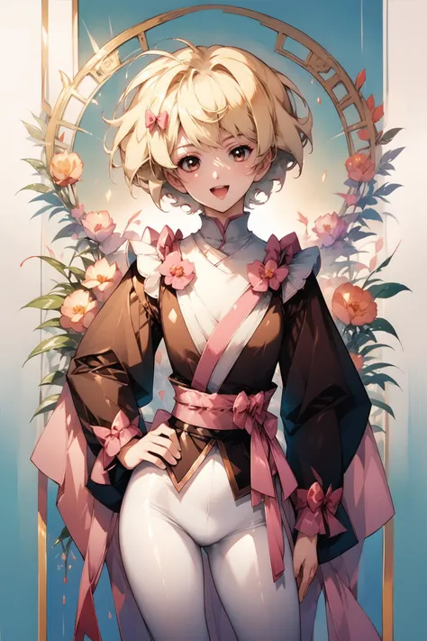 1girl,solo,blonde hair,short hair,open mouth,smile,looking at viewer,brown eyes,long sleeves,hand on hip,pantyhose,cowboy shot,bow,white pantyhose,sash,bangs,:d,pink bow,standing,score_9,score_8_up,<lora:flyx3_XL_PONY:1>,