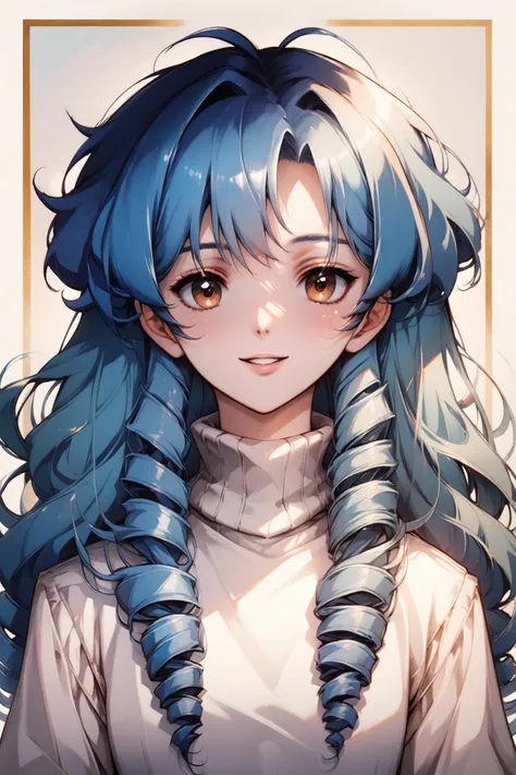 1girl, solo, long hair, looking at viewer, upper body, bangs, drill hair, parted lips, blush, long sleeves, smile, brown eyes, turtleneck, white sweater, blue hair, sweater, curly hair,score_9,score_8_up,<lora:flyx3_XL_PONY:1>,