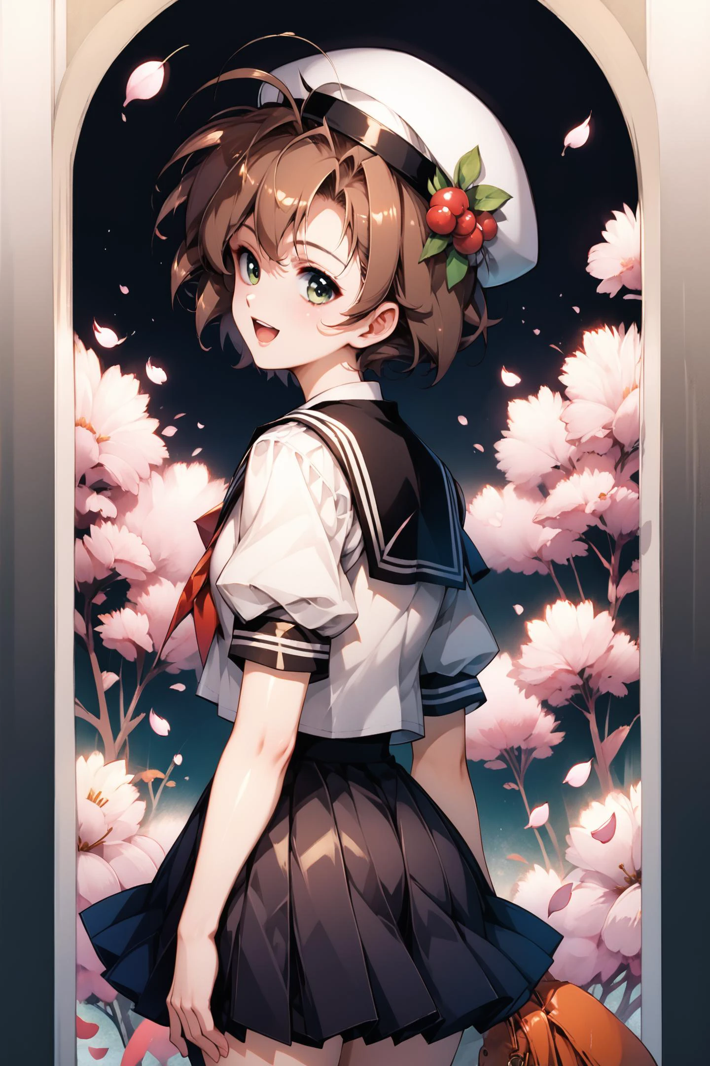 1girl,kinomoto sakura,solo,tomoeda  uniform,green eyes,brown hair,skirt,school uniform,open mouth,hat,short sleeves,short hair,looking at viewer,smile,petals,puffy sleeves,black skirt,puffy short sleeves,antenna hair,white headwear,looking back,cherry blossoms,sailor collar,:d,white shirt,shirt,bangs,arms behind back,score_9,score_8_up,<lora:flyx3_XL_PONY:1>,