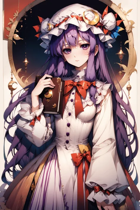 1girl, solo, hat, purple hair, long hair, patchouli knowledge, mob cap, purple eyes, crescent, looking at viewer, long sleeves, holding, bow, dress, hat ornament, crescent hat ornament, book, white dress, ribbon, hair bow, cowboy shot, red bow, black bow, very long hair, bangs, breasts, wide sleeves, frilled sleeves, white headwear, bowtie, striped, red ribbon, frills, standing, hat ribbon, adapted costume, holding book, blush, fur trim, closed mouth, buttons,score_9,score_8_up,<lora:flyx3_XL_PONY:1>,