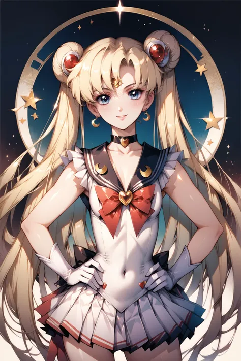 1girl, solo, gloves, long hair, tsukino usagi, white gloves, twintails, skirt, double bun, jewelry, sailor senshi uniform, blonde hair, sailor moon, hair bun, blue eyes, choker, earrings, magical girl, sailor collar, bow, hands on hips, looking at viewer, crescent, crescent earrings, hair ornament, smile, heart brooch, pleated skirt, collarbone, covered navel, brooch, cowboy shot, red bow, white skirt, bangs, star (symbol), sleeveless, heart, very long hair,score_9,score_8_up,<lora:flyx3_XL_PONY:1>,