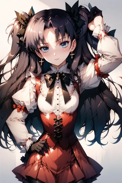 1girl,solo,long hair,earrings,jewelry,gloves,two side up,black hair,pantyhose,tohsaka rin,long sleeves,looking at viewer,cross,black gloves,bow,blue eyes,bangs,ribbon,black pantyhose,skirt,parted bangs,red bow,puffy sleeves,red skirt,blush,closed mouth,corset,breasts,arm up,hair ribbon,cowboy shot,hand on hip,bowtie,hair bow,frills,cross earrings,dress,shirt,white shirt,black ribbon,black bow,score_9,score_8_up,<lora:flyx3_XL_PONY:1>,