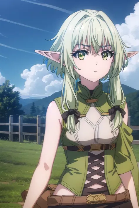 masterpiece, best quality,ultra detail,<lora:GoodHands-vanilla:0.8> <lora:anmnr01:0.3> <lora:add_detail:0.5>,1girl, putite, <lora:HighElf:0.7>pikkyhighelf,forest, skinny, solo, looking at viewer, green hair, sidelocks, hair between eyes, bangs, long hair, green eyes, small breasts, pointy ears, brown shorts, sleeveless, bow, black bow, hair bow, thighhighs, belt, bare shoulders