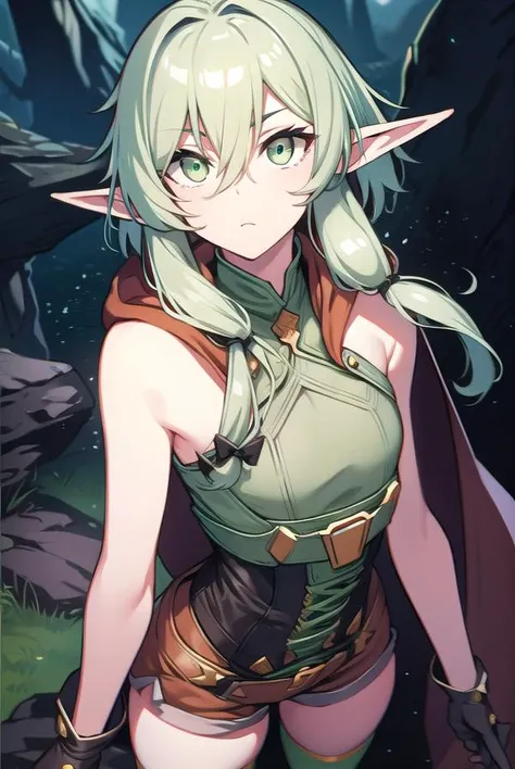highelfarcher, <lyco:highelfarcher-LYCORIStest:1>,
high elf archer, elf, (green eyes:1.5), green hair, hair between eyes, long hair, pointy ears, sidelocks, (flat chest:1.2),
BREAK asymmetrical clothes, boots, cloak, elf, gloves, green thighhighs, high heels, shorts, thighhighs,
BREAK looking at viewer,
BREAK city,
BREAK <lora:GoodHands-vanilla:1>, (masterpiece:1.2), best quality, high resolution, unity 8k wallpaper, (illustration:0.8), (beautiful detailed eyes:1.6), extremely detailed face, perfect lighting, extremely detailed CG, (perfect hands, perfect anatomy),