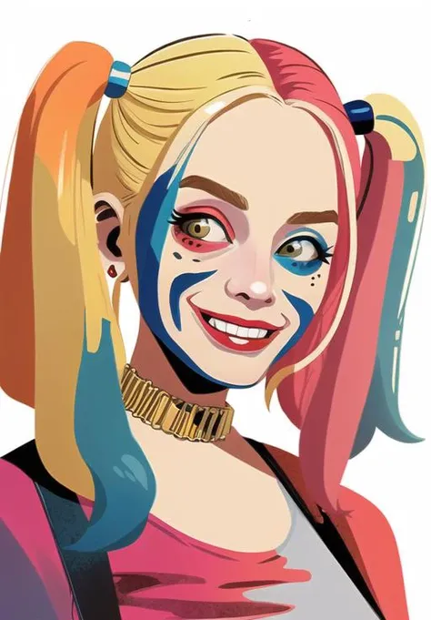 <lora:Harley_Quinn_ss:0.8>, Harley_Quinn_ss, 1girl, solo, portrait, cartoonized,