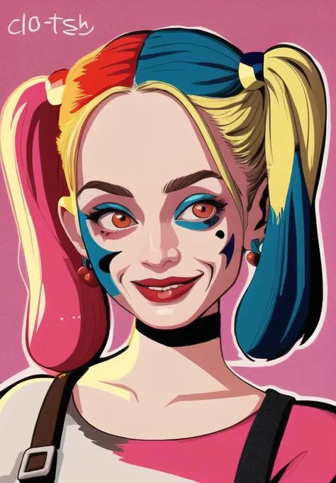 <lora:Harley_Quinn_ss:0.8>, Harley_Quinn_ss, 1girl, solo, portrait, cartoonized,