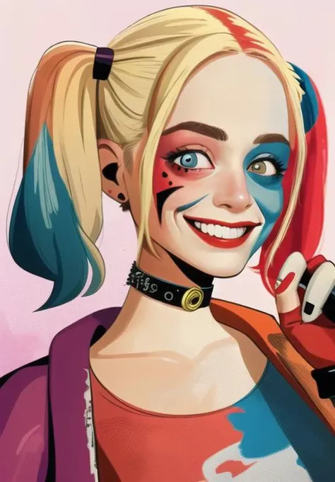 <lora:Harley_Quinn_ss:0.8>, Harley_Quinn_ss, 1girl, solo, portrait, cartoonized,
