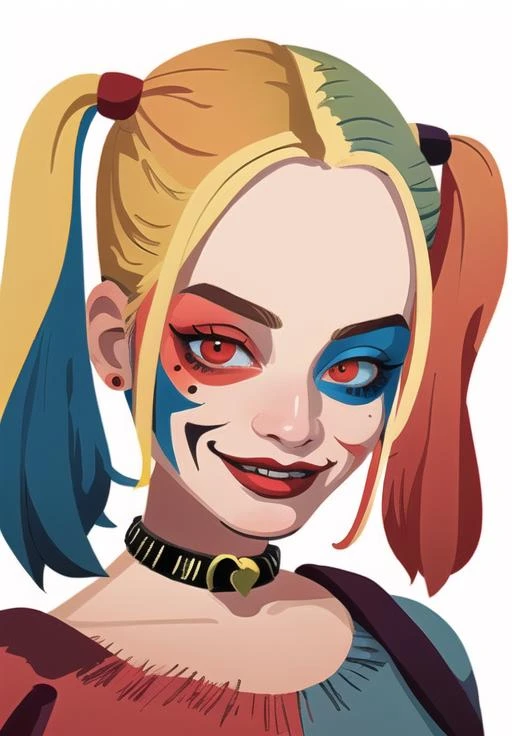 <lora:Harley_Quinn_ss:0.8>, Harley_Quinn_ss, 1girl, solo, portrait, cartoonized,