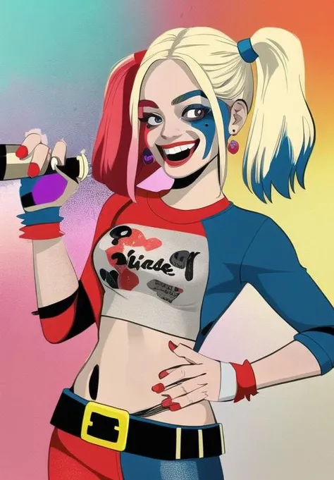 <lora:HarleyQuinnModernv2-000003:0.7>, 1girl, blonde hair, twintails, shorts, pantyhose, crop top, torn clothes, blue eyes, solo, makeup, midriff, gloves, jewelry, navel, short shorts, bracelet, torn shirt, fishnets, spikes, multicolored clothes, belt, fishnet pantyhose, spiked bracelet, single glove, torn pantyhose, breasts, graffiti, lipstick, jacket, clothes writing, multicolored hair, collar, eyeshadow, blue hair, multicolored jacket, blood, smile, shirt, looking at viewer, nail polish, choker,