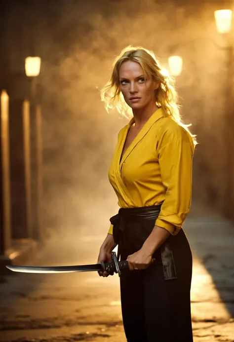 cinematic film still (full height:1.3), a relentless (ohwx woman:1.1) As Beatrix Kiddo (The Bride) from Kill Bill. In a classic yellow jumpsuit, katana drawn, surrounded by the Crazy 88. Inspired by Krenz Cushart, neoism, kawacy, wlop, gits anime. Her blonde hair soaked in determination, out for vengeance. <lora:thurman_lora_sdxl_v1:1.1> . shallow depth of field, vignette, highly detailed, high budget, bokeh, cinemascope, moody, epic, gorgeous, film grain, grainy