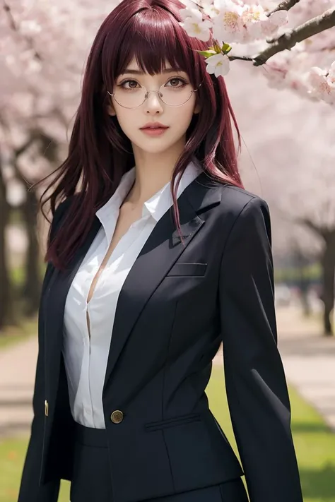 ultra-detailed,highly detailed,best quality,masterpiece,illustration,realistic,scathach, 1girl, solo, scathach \(fate\), glasses,formal, skirt suit, jacket, blazer,collared shirt,long hair, bangs, looking at viewer, upper body, outdoors, photo background, day,spring,cherry blossoms, falling petals, wind,floating hair, <lora:scathach_tch_v1_01:0.6>