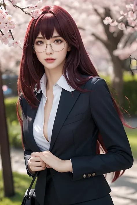 ultra-detailed,highly detailed,best quality,masterpiece,illustration,realistic,scathach, 1girl, solo, scathach \(fate\), glasses,formal, skirt suit, jacket, blazer,collared shirt,long hair, bangs, looking at viewer, upper body, outdoors, photo background, day,spring,cherry blossoms, falling petals, wind,floating hair, <lora:scathach_tch_v1_01:0.6>