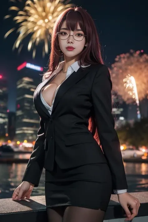 ultra-detailed,highly detailed,best quality,masterpiece,illustration,realistic,
scathach, 1girl, solo, scathach \(fate\), 
glasses,formal, skirt suit, jacket, blazer,collared shirt,pencil skirt, pantyhose,
long hair, cleavage, breasts, 
looking at viewer, cowboy shot, from below, 
outdoors, night, firework background, aerial fireworks, photo background, 
 <lora:scathach_tch_v1_01:0.6>