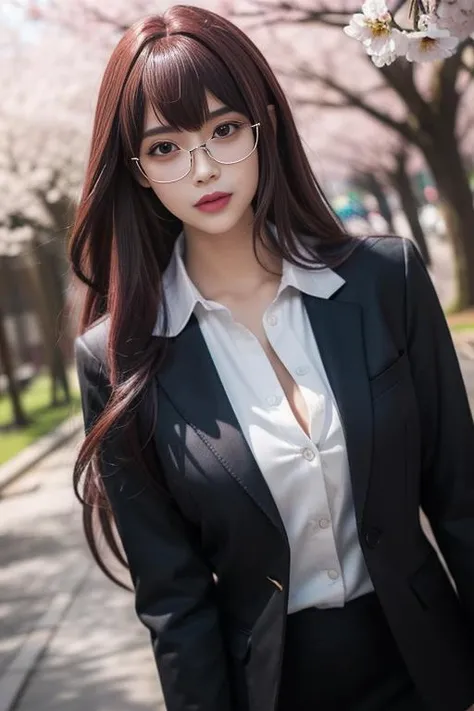 ultra-detailed,highly detailed,best quality,masterpiece,illustration,realistic,
scathach, 1girl, solo, scathach \(fate\),
glasses,formal, skirt suit, jacket, blazer,collared shirt,cleavage,
long hair, bangs,
looking at viewer, upper body,
outdoors, photo background, day,spring,cherry blossoms, falling petals, wind,floating hair,
<lora:scathach_tch_v1_01:0.6>