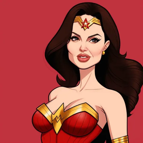 <lora:Caricature_by_vizsumit:0.5> caricature of a woman, wearing wonder woman costume, Angelina Jolie