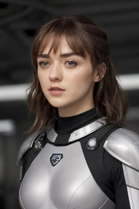 female police officer, almond-shaped brown eyes, very short brown hair, triangular face with prominent cheekbones, dressed in futuristic clothes