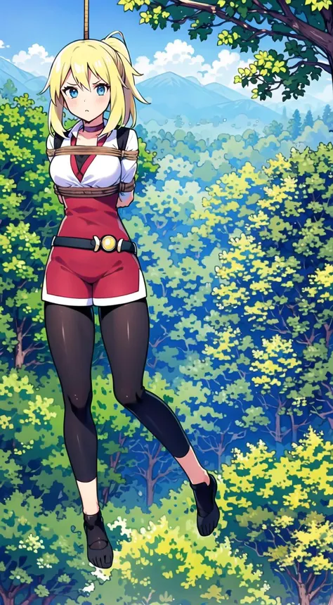 dotamirana, best quality,best animated,masterpiece, 8K-Illustration, Hyper Detailed, perfect anime illustration, ((suspension)), ((feet off the ground)), ((1girl)), ((solo)), arms behind back, ((full body)), upper body leaning forward, under a tree, ((branch above)), ((forest background)), ((blushing, scared)), (((view from above))),
<lora:feet+off+the+ground,suspension-000009:0.8>,
pikkytrainer, gloves, fingerless gloves, breasts, leggings, black choker, looking at viewer, solo, black gloves, belt, red cropped jacket, red shorts, medium breasts, long hair, ponytail, blonde  hair, blue eyes<lora:Trainer:0.8><lora:Trainer:0.8>