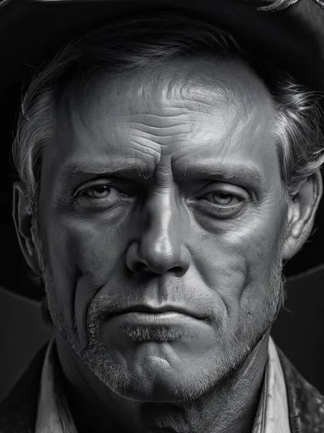 Black and white photograï¼On dark background, western cowboy half-size close-up, hyper-realism ((master work: 1.5), National Geographic photo, award-winning photo, realism, excellent work, highest quality, rich detail, panorama, sharpness, high contrast. (Film Grain: 1.4), Studio Lighting, Face Close-up, Clear Pores, Monochrome Background (Realistic: 1.2), Best Quality, Masterpiece, Ultra High Resolution. ï¼
<lora:é²å䏿´¾@é»ç½æå½±SDXL:1>