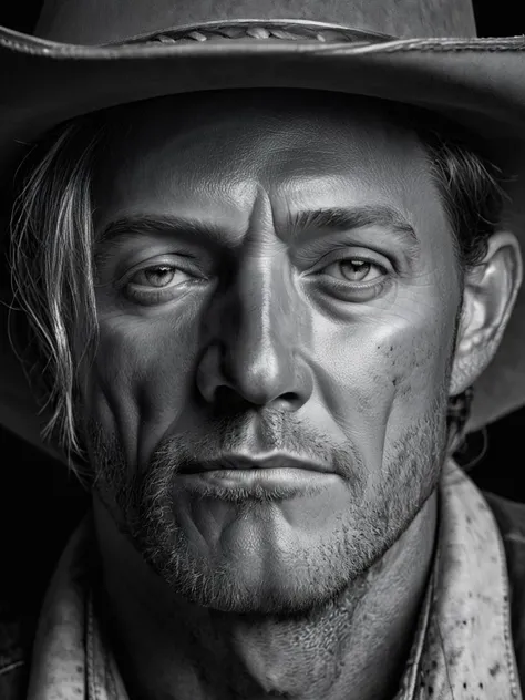 Black and white photograï¼On dark background, western cowboy half-size close-up, hyper-realism ((master work: 1.5), National Geographic photo, award-winning photo, realism, excellent work, highest quality, rich detail, panorama, sharpness, high contrast. (Film Grain: 1.4), Studio Lighting, Face Close-up, Clear Pores, Monochrome Background (Realistic: 1.2), Best Quality, Masterpiece, Ultra High Resolution. ï¼
 <lora:é²åä¸æ´¾@é»ç½æå½±SDXL:1>