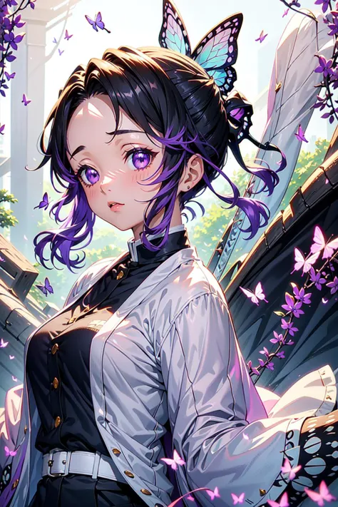 shinobu, 1girl, solo, looking at viewer, blush, short hair, black hair, hair ornament, long sleeves, , closed mouth, purple eyes, jacket, upper body, weapon, purple hair, flower, sidelocks, japanese clothes, sword, artist name, from side, black jacket, parted bangs, katana, bug, butterfly, , forehead, butterfly hair ornament, haori, demon slayer uniform, butterfly print, wisteria, masterpiece, royal background, magical, <lora:shinobu:1>