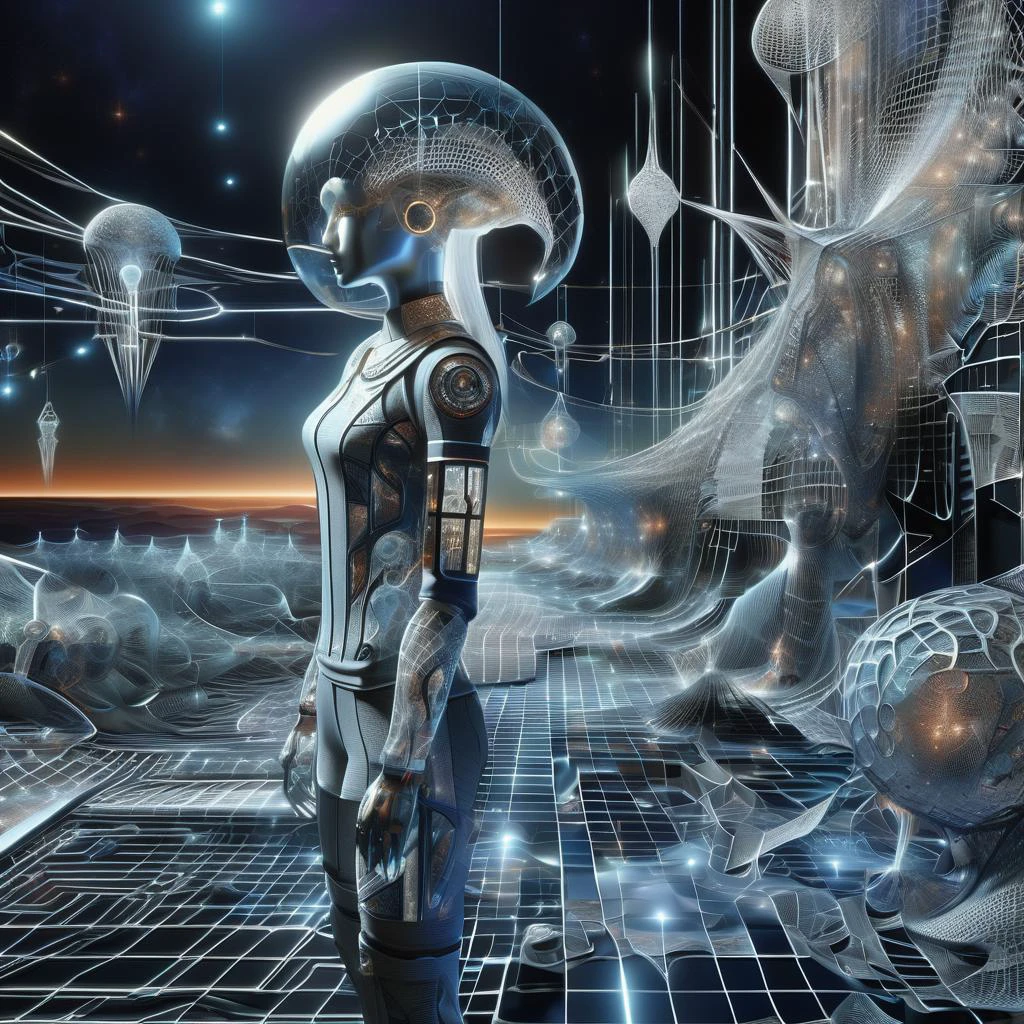 ((best quality)), ((masterpiece)), ((realistic,digital art)), (hyper detailed),DonMC0sm1cW3bXL,web,upper body clothing, Twill, , Quantum-controlled Smart Grids, Cap Sleeves, Knee Length, Empire Waist, Two-Piece Set, Zipper Closure,,Back pockets,,Allover Print , lower body clothing, Gravitational Mesh, , Bio-organic Smart Glass, Oversized Fit, Drop Waist, Cutout Details, Tie Closure, , <lora:DonMC0sm1cW3bXL-000009:1>