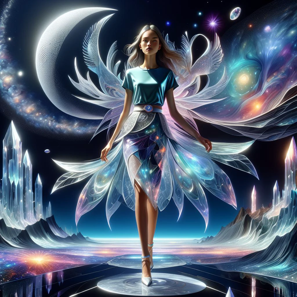 ((best quality)), ((masterpiece)), ((realistic,digital art)), (hyper detailed),DonMC0sm1cW3bXL,astral plain,full body clothing, Radiant Crystal Cloth, Short Sleeves, Midi Length, High Waist, Pencil Skirt, Enzyme Wash,,Belt Included,,Color Palette , <lora:DonMC0sm1cW3bXL-000009:1>