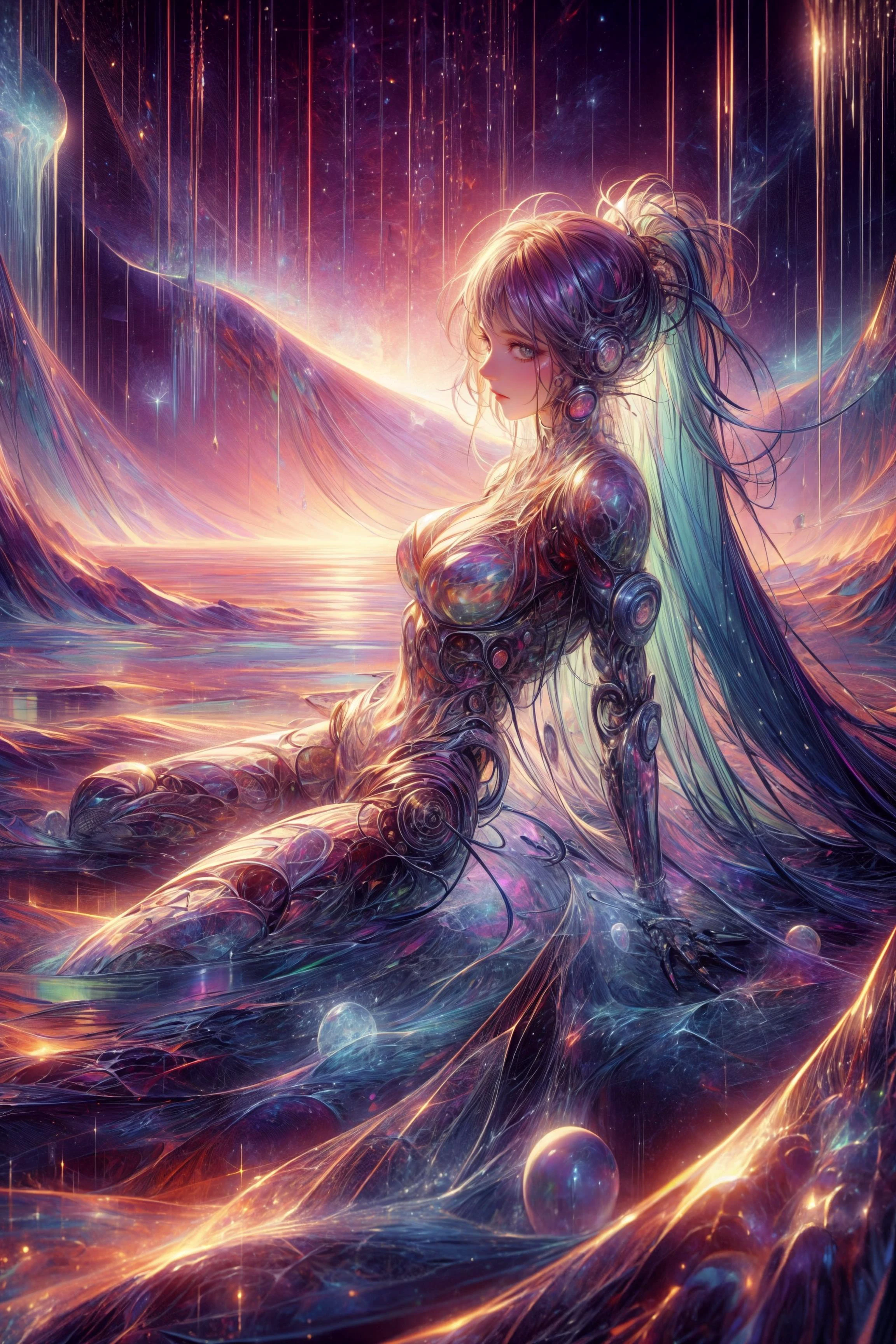 (masterpiece:1.1), (best quality:1.1), (aesthetic:1.1), (vibrant colors:1.2), BREAK,
(biopunk:1.0), (ominous:1.0), BREAK,
(solo:1.2), (cyborg:1.1), (ponytail:1.0), (lying:1.1), (blame:1.0), (cosmic:1.0), (web:1.1), (see-through:1.0), (translucent:1.0), (iridescent:1.0), (looking at viewer:1.3), <lora:blame:0.3>, <lora:DonMC0sm1cW3b-000009:1.0>,