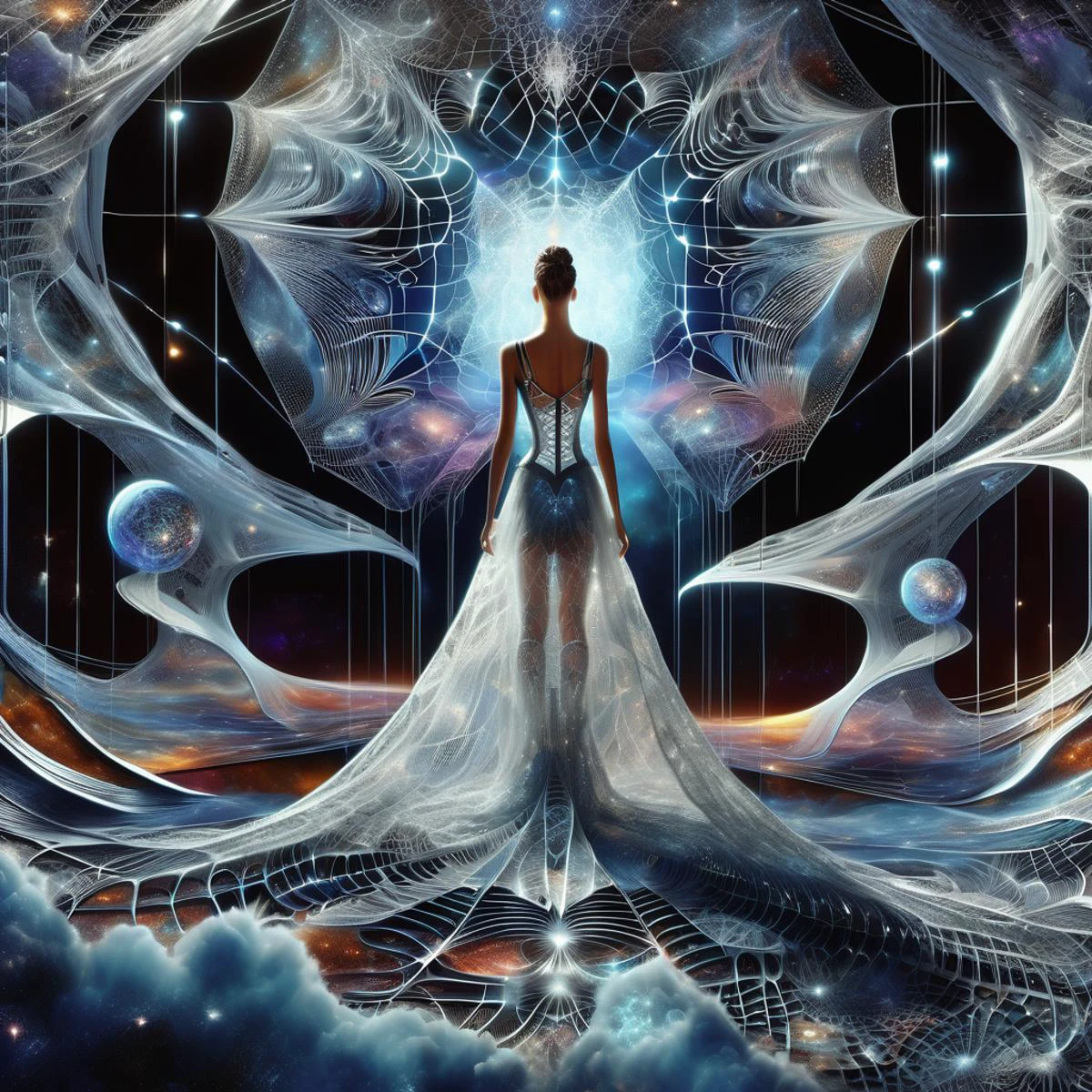 ((best quality)), ((masterpiece)), ((realistic,digital art)), (hyper detailed),DonMC0sm1cW3bXL,cosmic web,full body clothing, Quantum-linked Fabric, Scales, Spaghetti Straps, Knee Length, Empire Waist, Ball Gown Skirt, Detachable Train, Corset Closure,,Back Darts,,Ripped or Distressed Look,Coin Pockets,,Light Wash, , <lora:DonMC0sm1cW3bXL-000009:1>